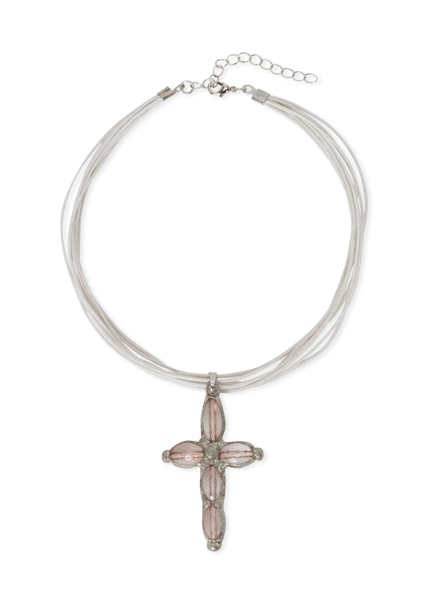 Aurora necklace featuring a multi-rope white choker with cross pendant and adjustable closure, perfect for versatile styling