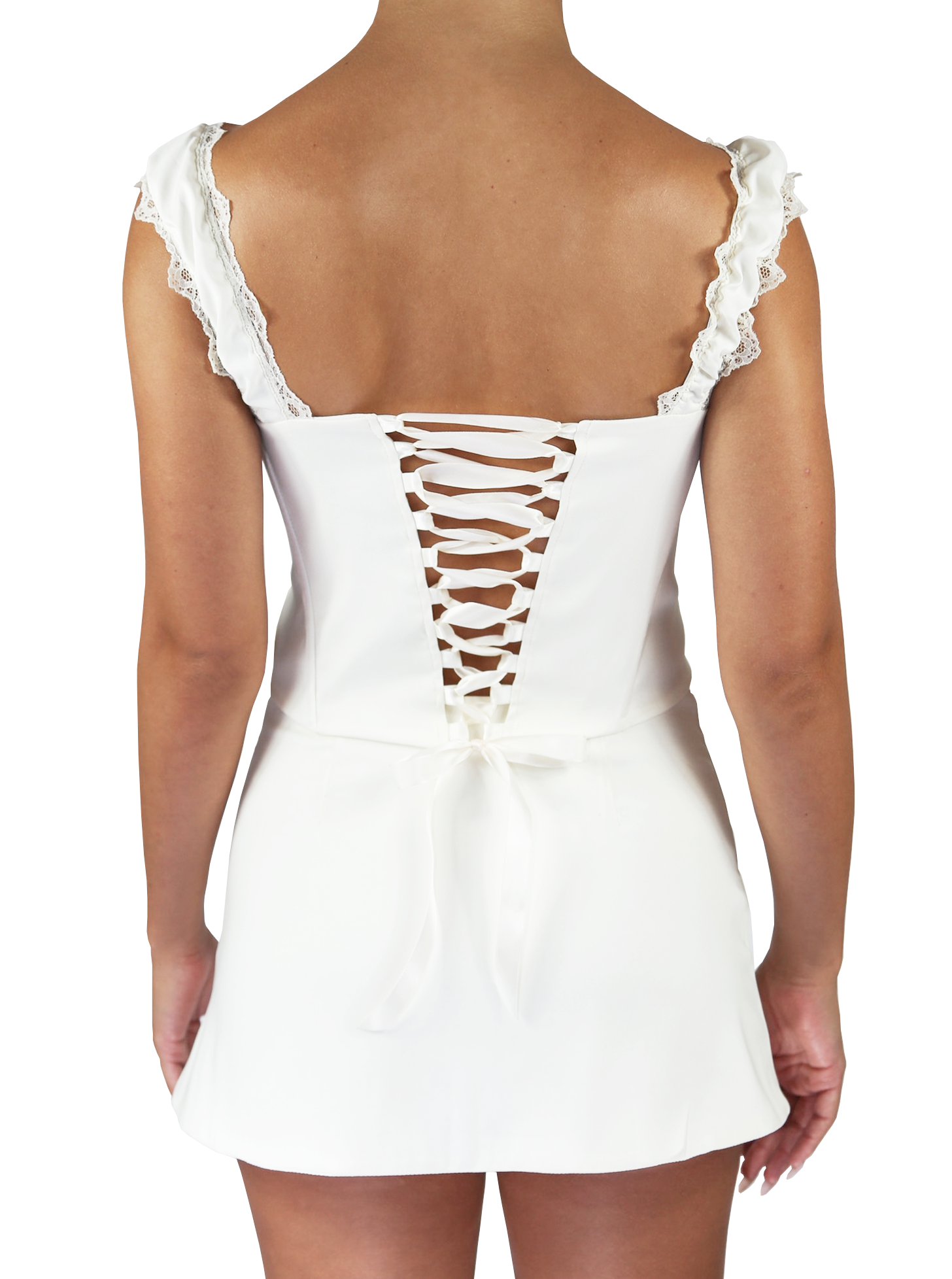 Back view of ivory corset with a ribbon lace-up back and lace trim shoulder straps.