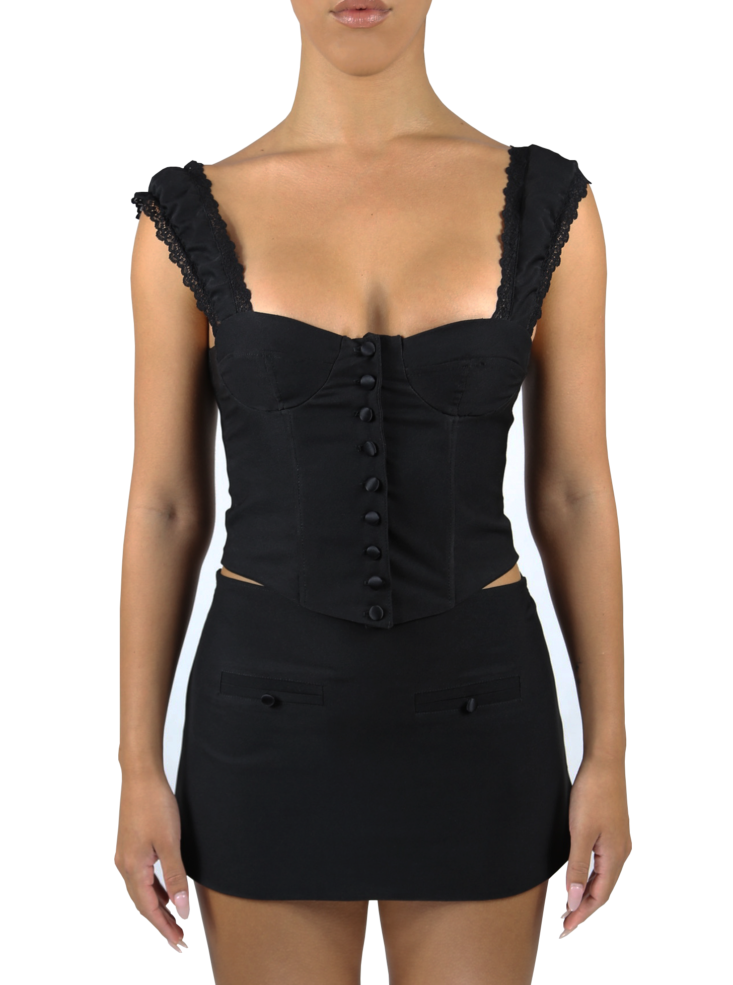 Model wearing black two-piece outfit featuring a lace-up corset top and A-line mini skirt.