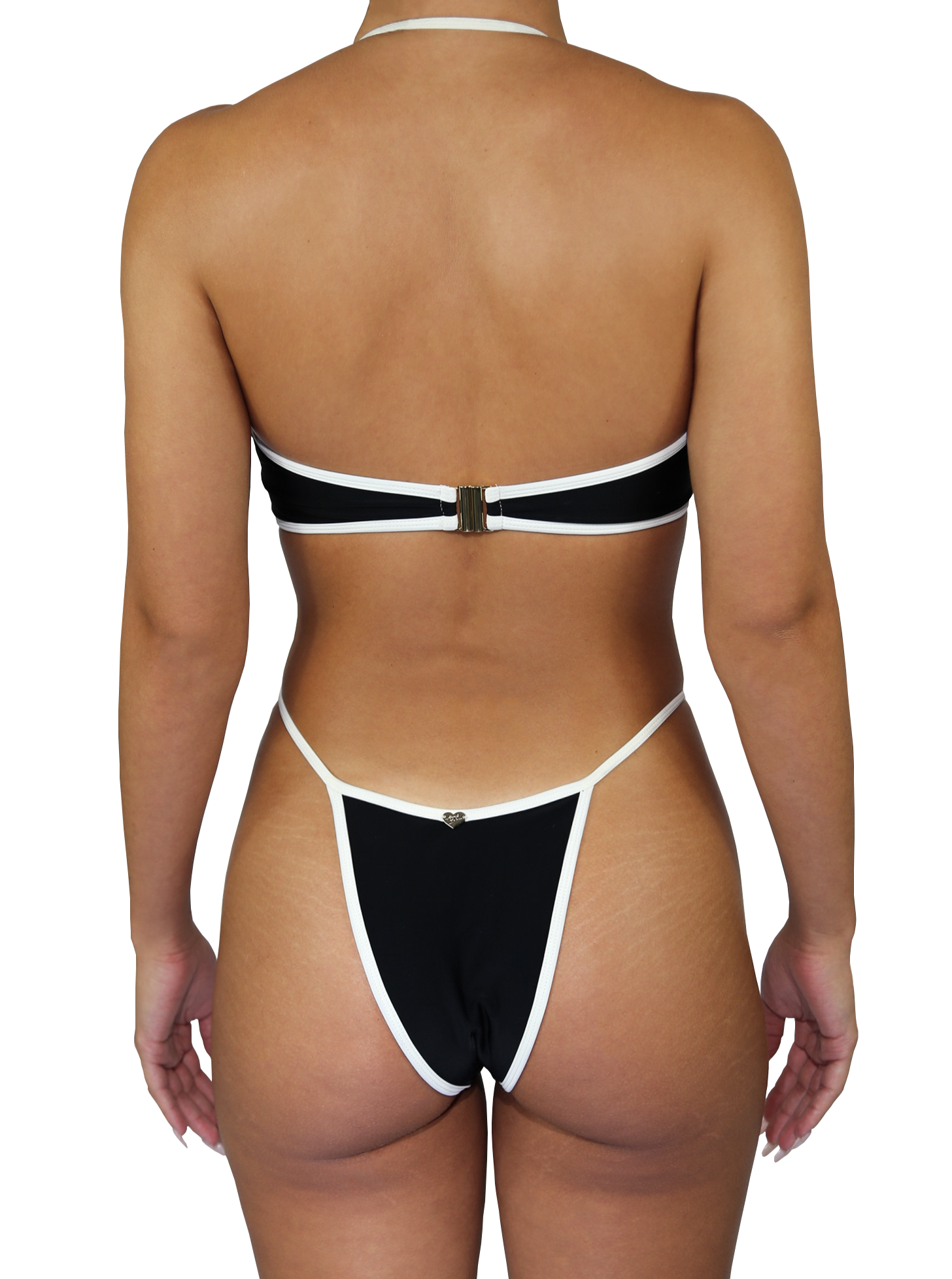 Bardot Top in Black from the back, a curve-accentuating silhouette and classic ivory piping bikini top