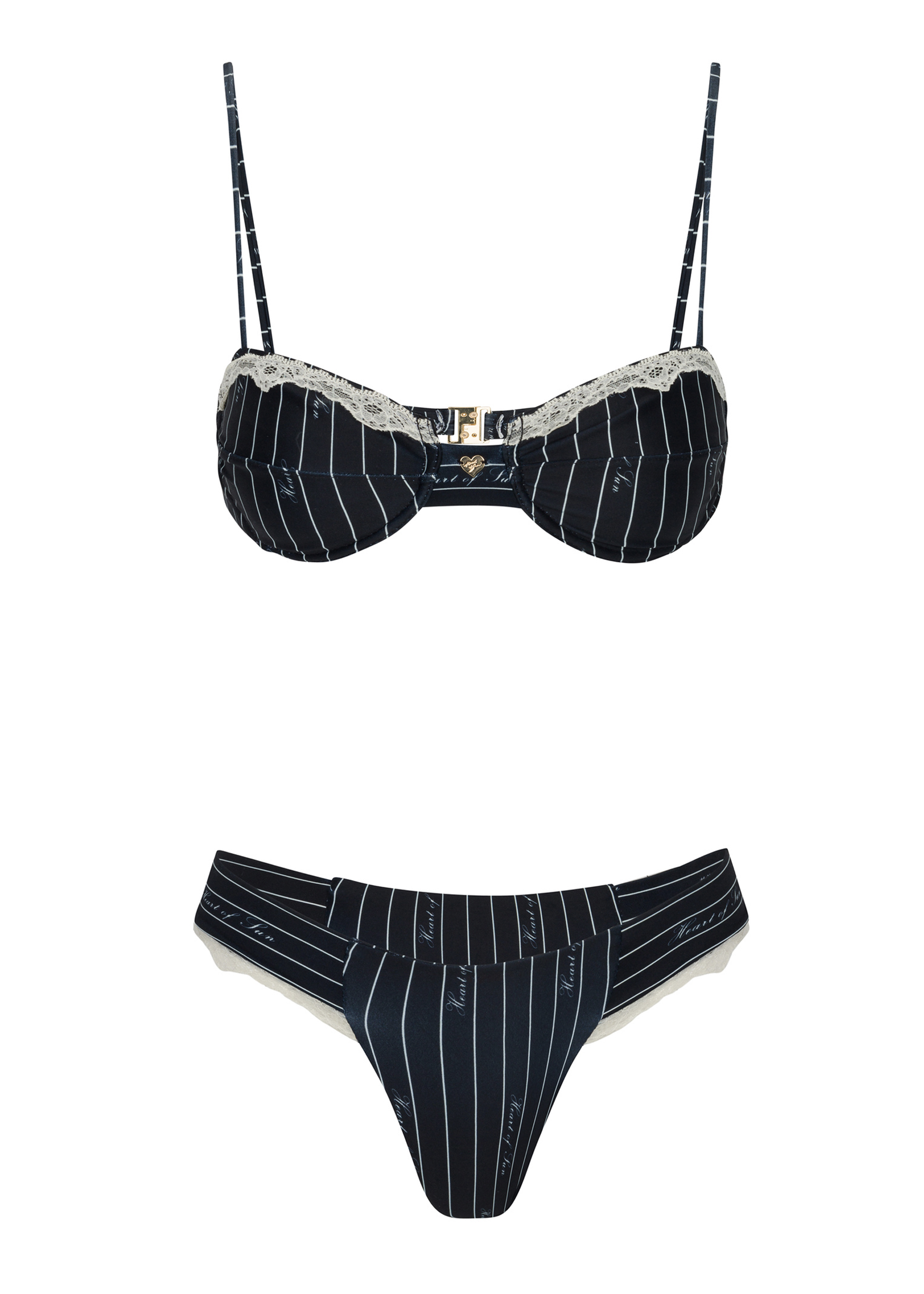 Pinstripe bikini with white lace detailing.