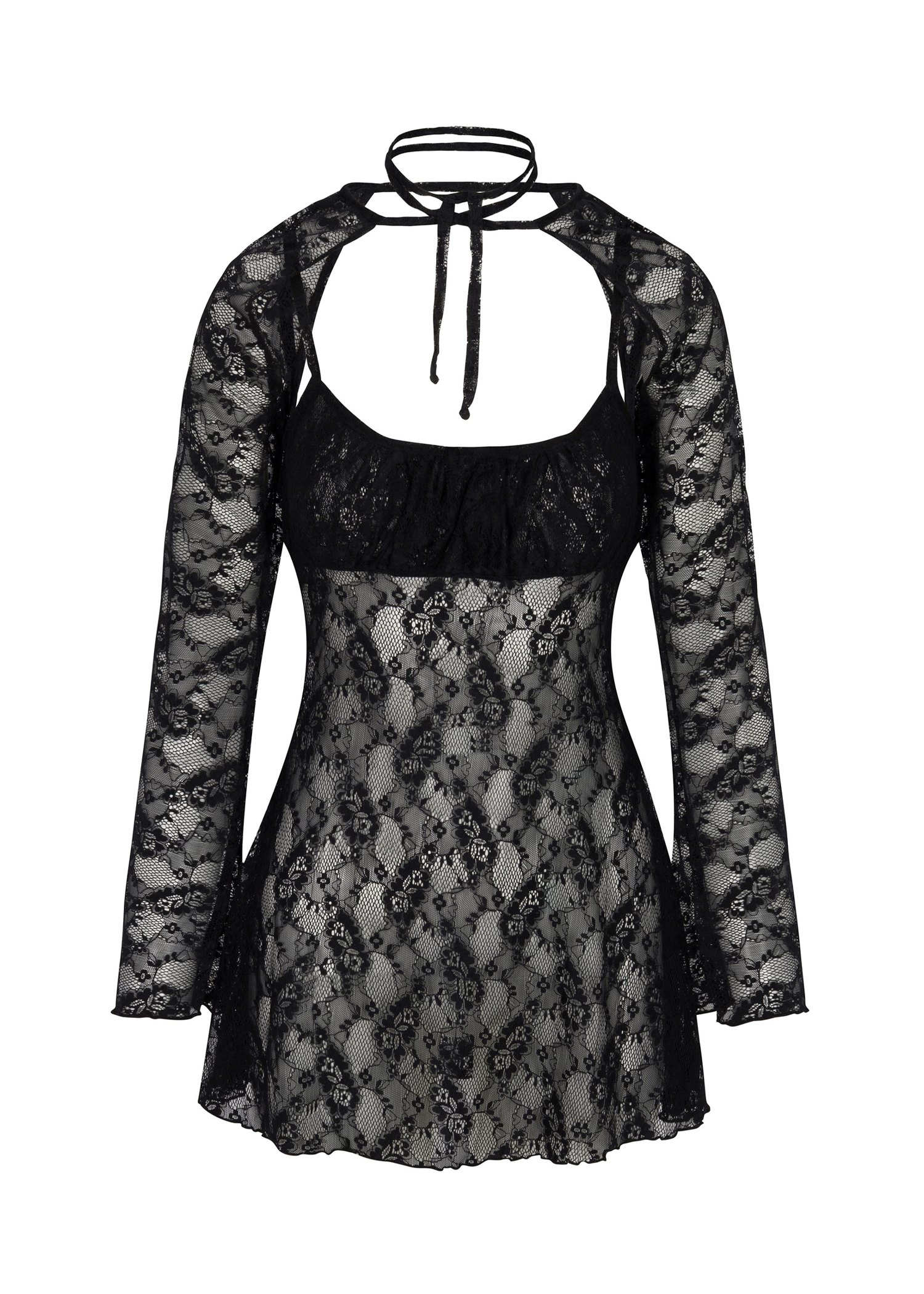 Bisou lace bolero in black with bell sleeves, crafted from a polyester-spandex blend for a chic and versatile layering piece inspired by the 90's