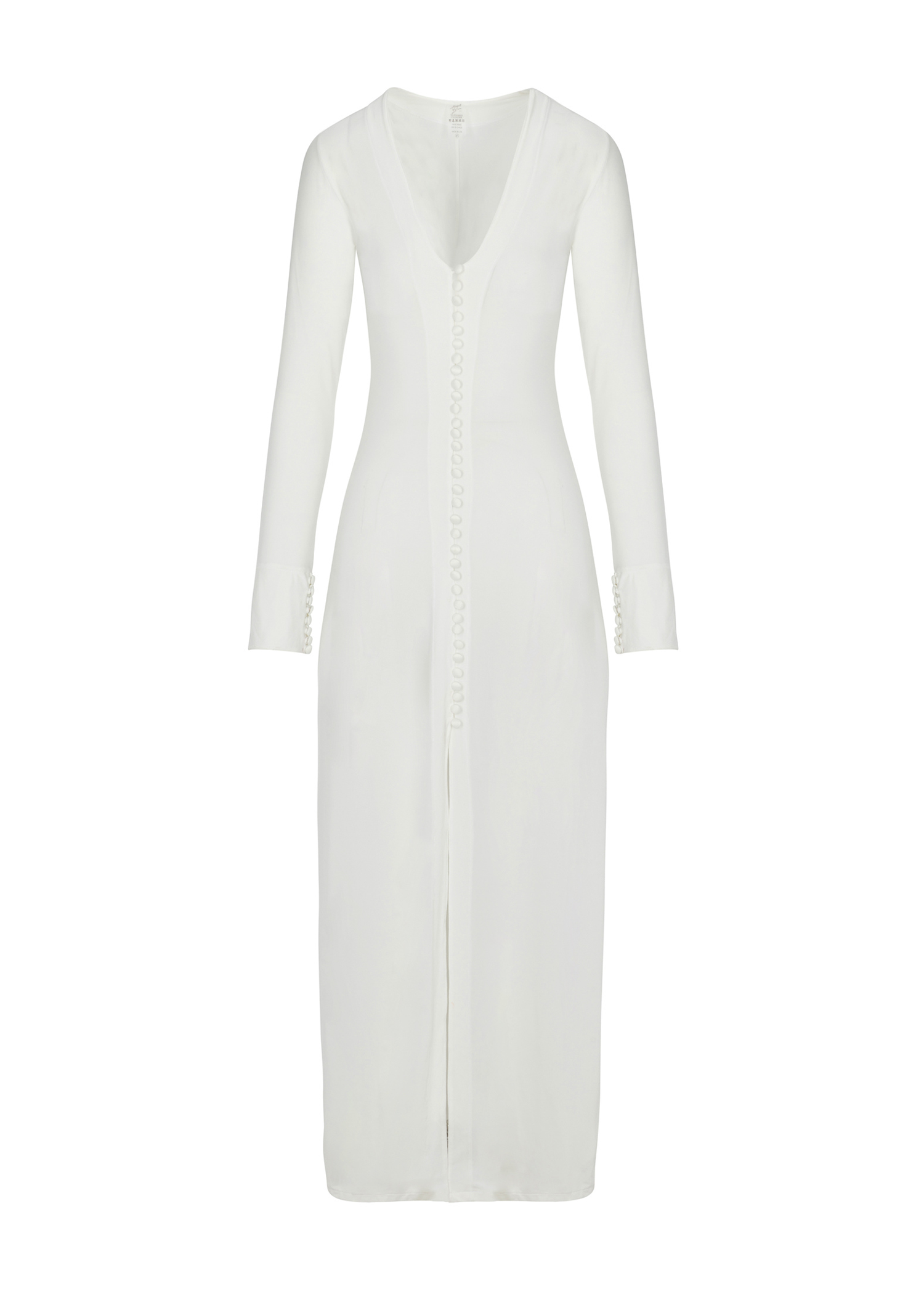 Deia maxi long sleeve dress in ivory with thick hem details, satin buttons, and ultra-soft fabric, offering a refined and sophisticated silhouette