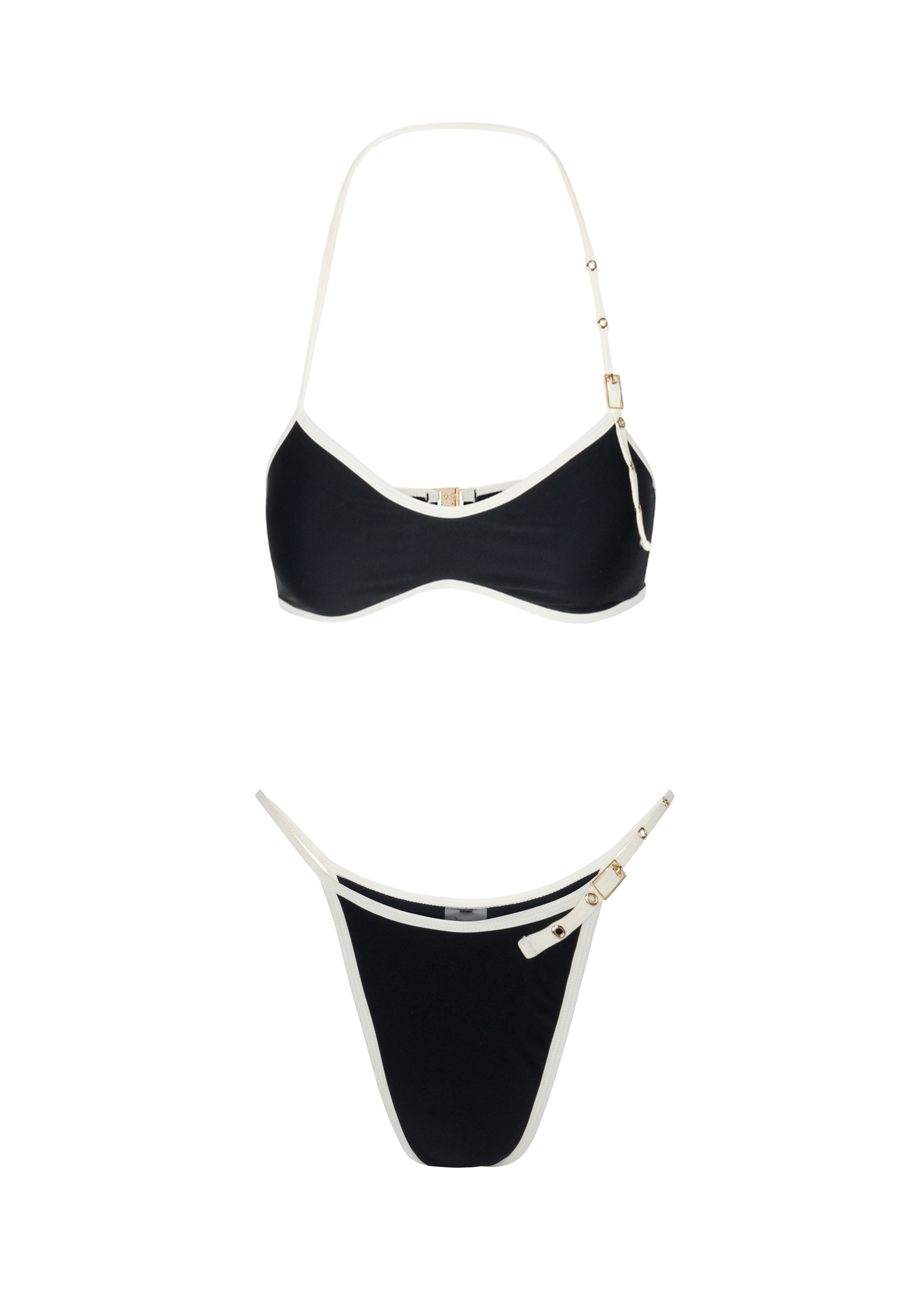 Bardot halter-style bikini top in black featuring an adjustable buckle neck strap, back closure, and ivory piping for a vintage-inspired swim look
