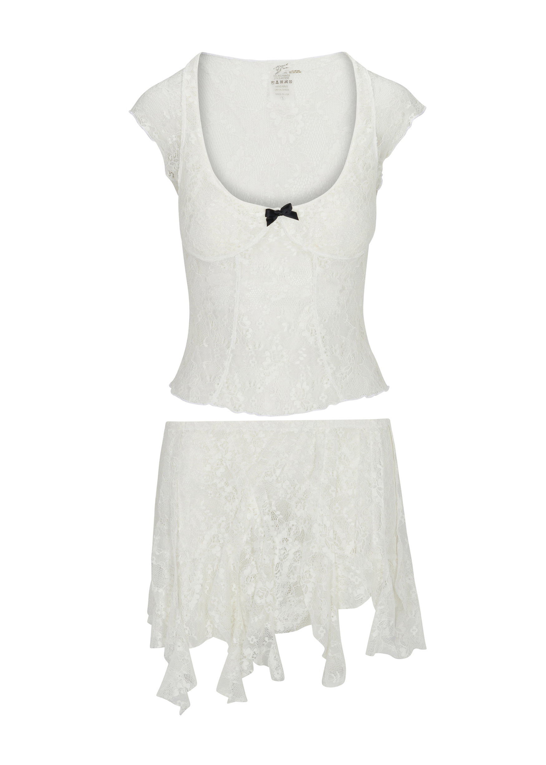 Chérie Skirt in Ivory with asymmetrical mini design, lace fabric, and tiered ruffle details for a romantic, flirty look