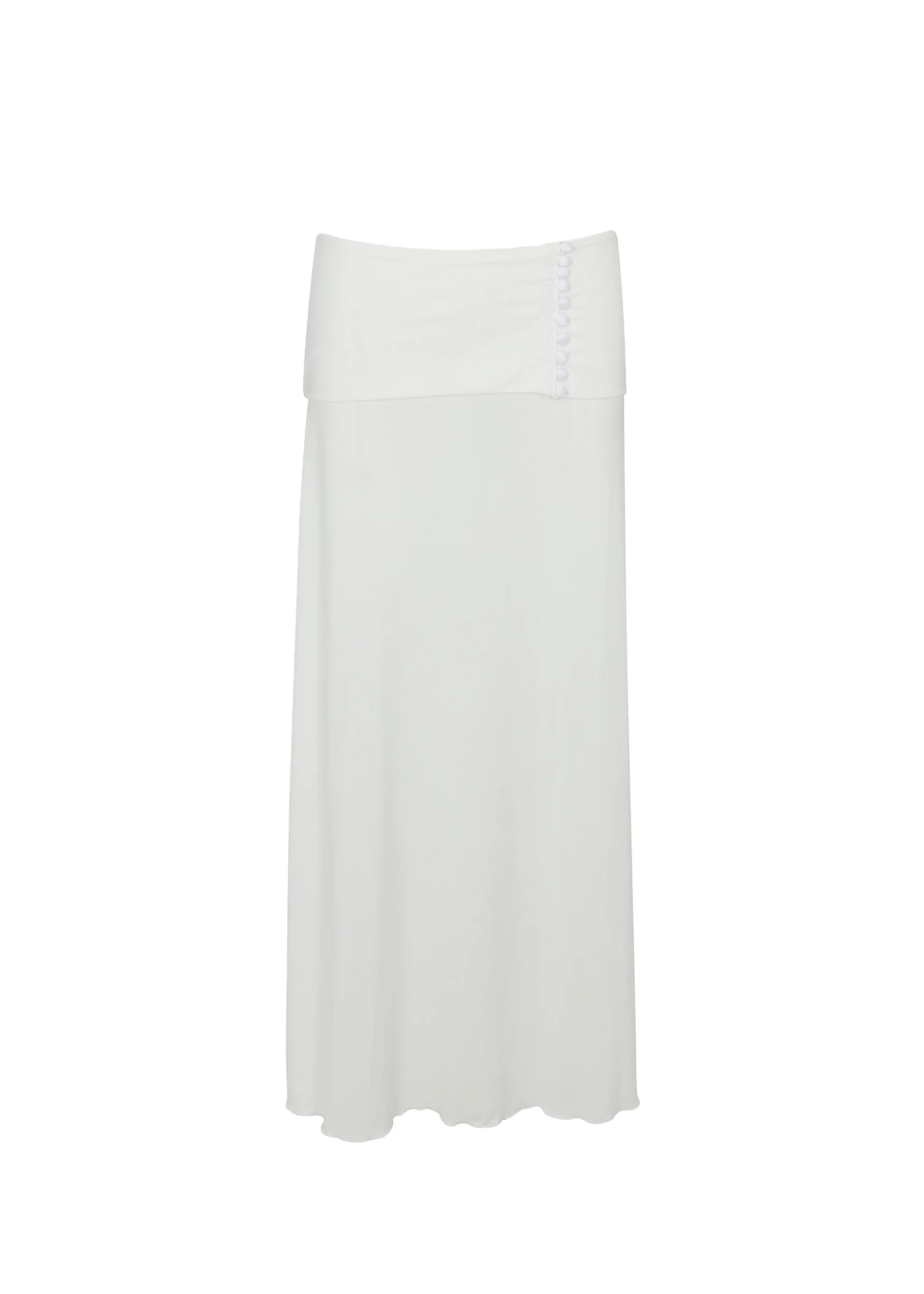 Riviera maxi fold-over skirt in ivory, featuring satin buttons and ultra-soft fabric that drapes beautifully for an elegant resort look.