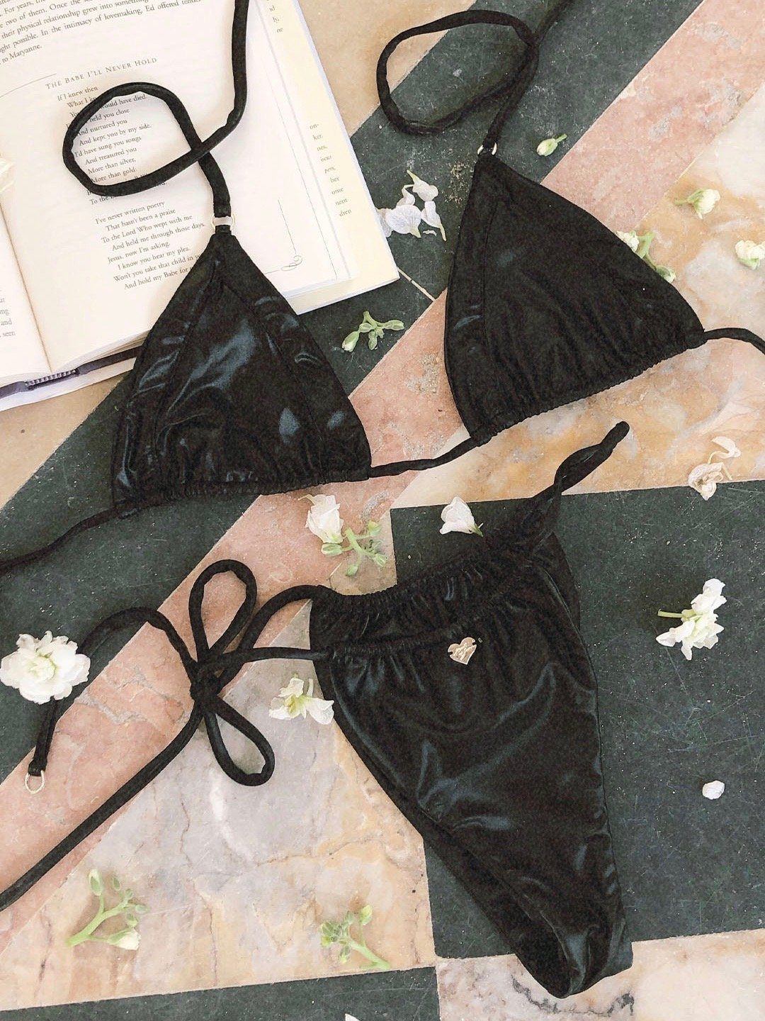 SWEPT AWAY BIKINI BOTTOM | JET BLACK SATIN Bikini Bottom Heart Of Sun Swim