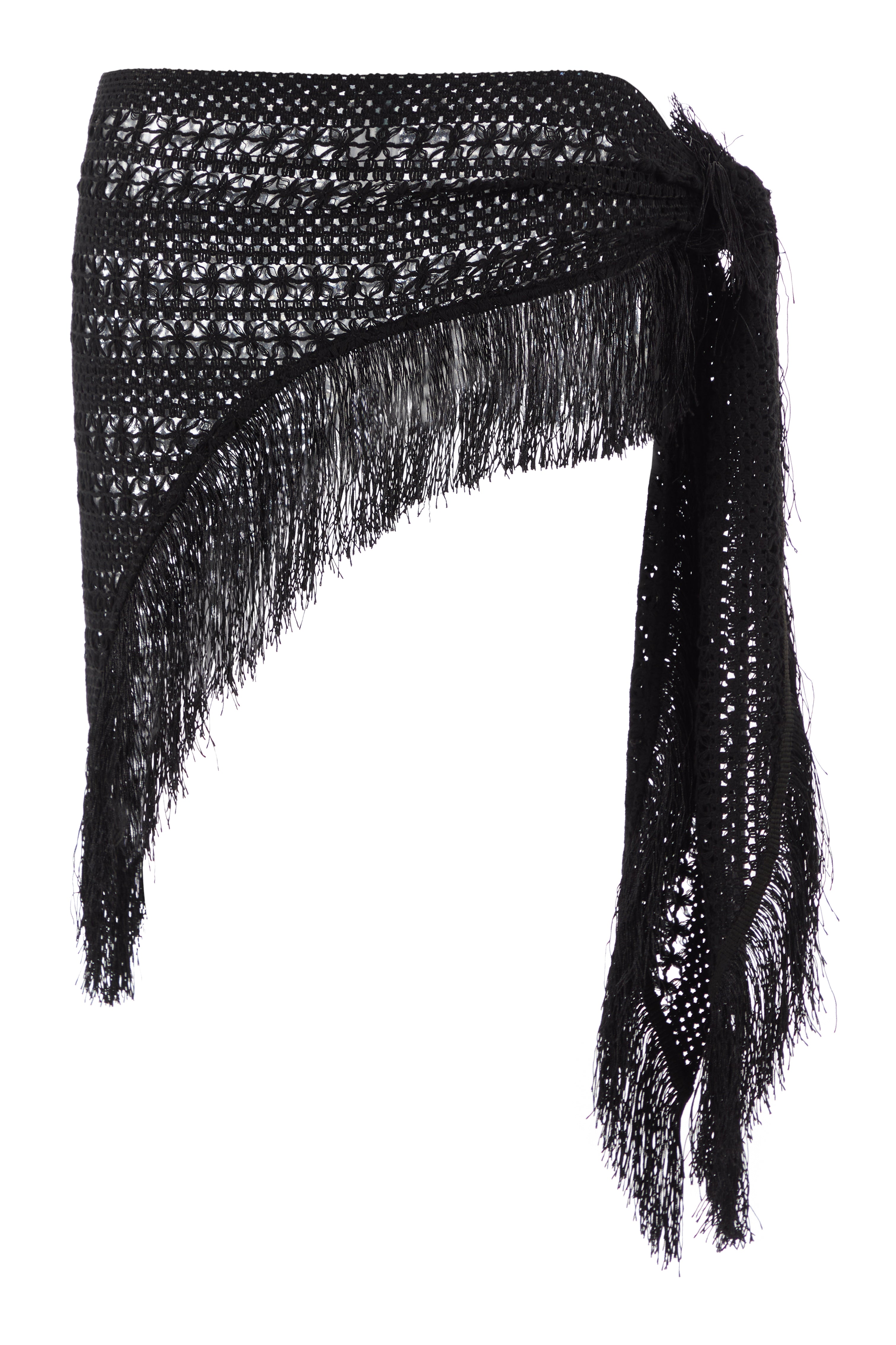 Front view of a black crochet sarong with fringe along the bottom and a tie to the right side with the extra fabric elegantly flowing down.