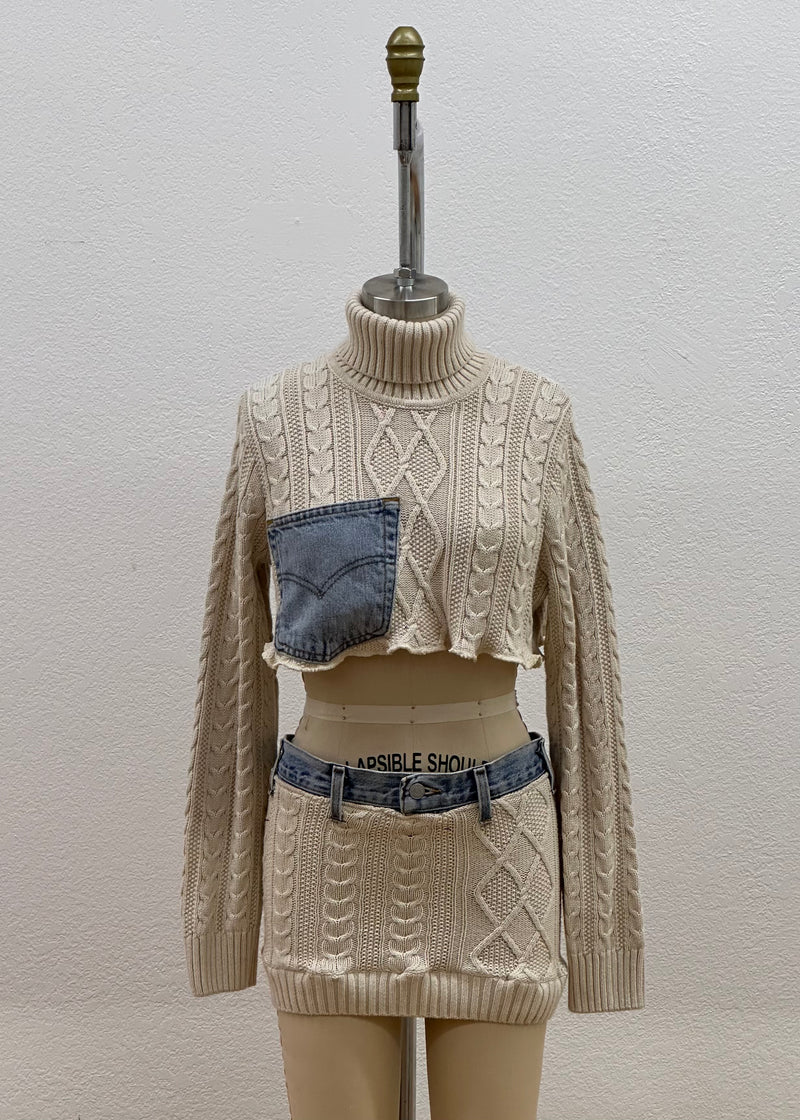 CABLE KNIT & DENIM SWEATER SET | IVORY
