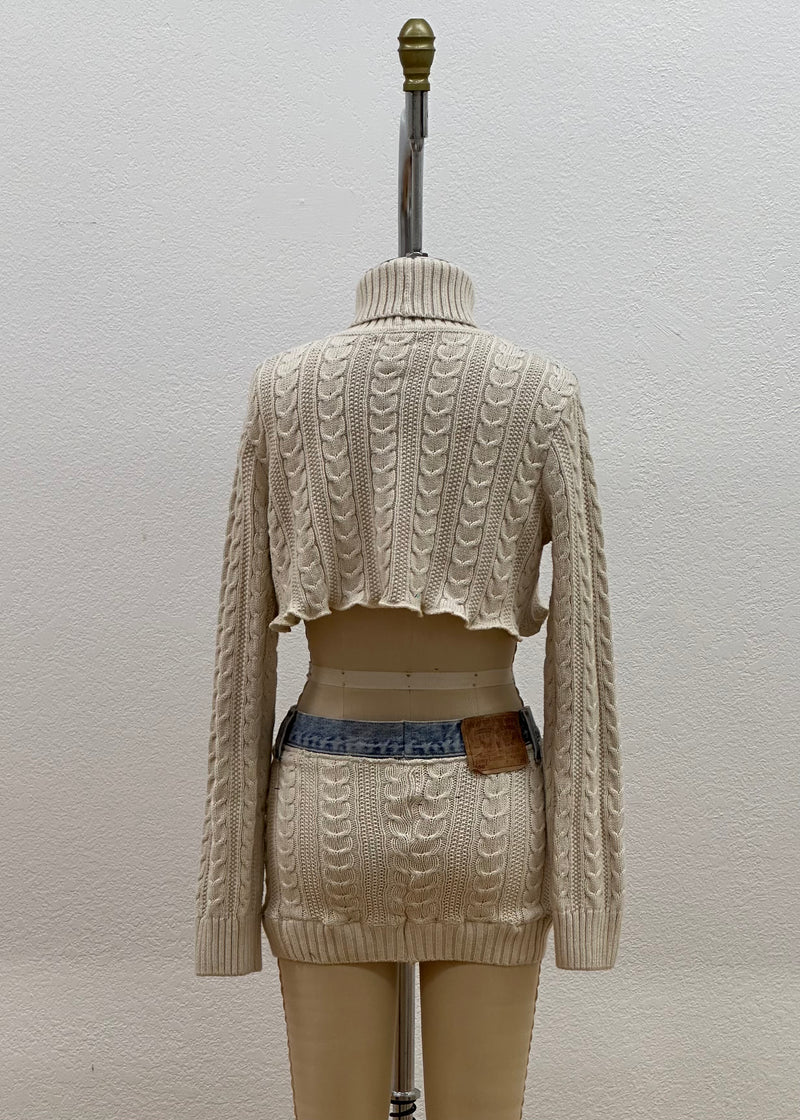 CABLE KNIT & DENIM SWEATER SET | IVORY