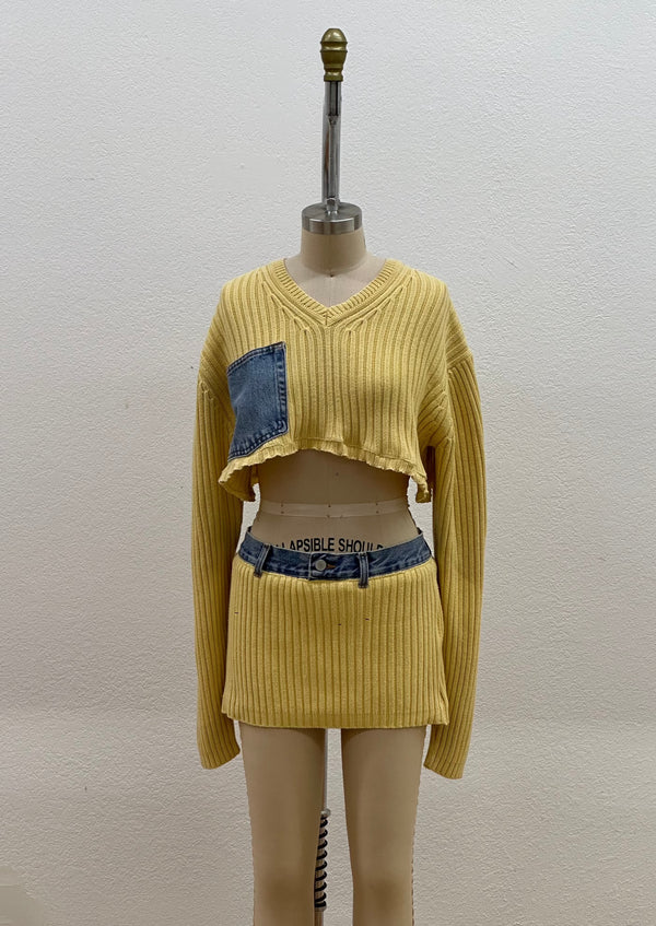 CABLE KNIT & DENIM SWEATER SET | YELLOW