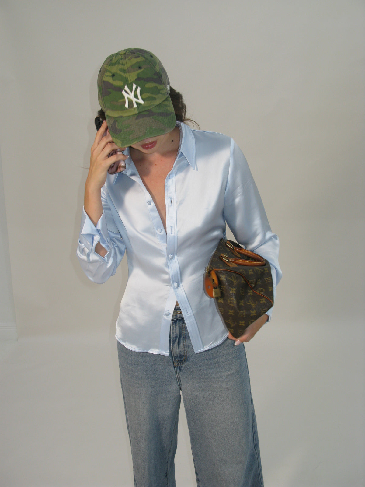 Carla Button Down Top | Azure Satin