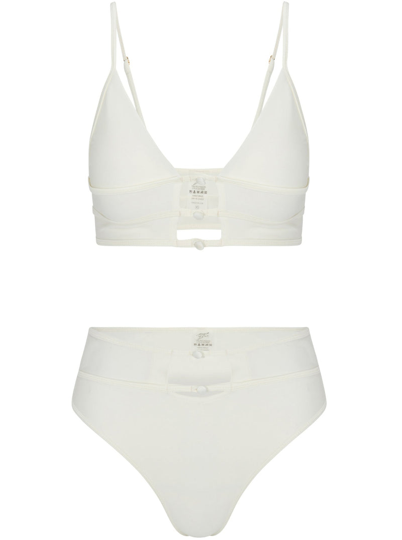 Ivory Tropez high-waisted bikini bottom with satin button accents and full coverage, ideal for a polished beach look