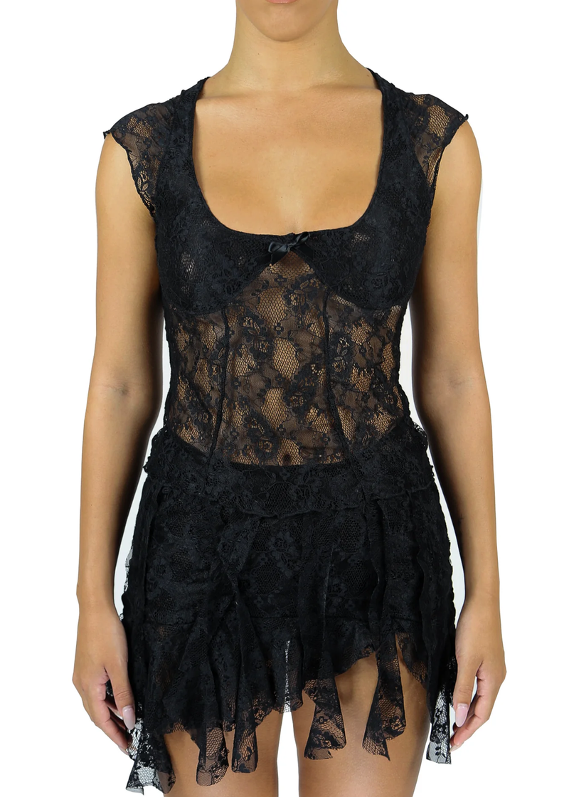 Chérie Skirt in Black with asymmetrical mini design, lace fabric, and tiered ruffle details for a romantic, flirty look