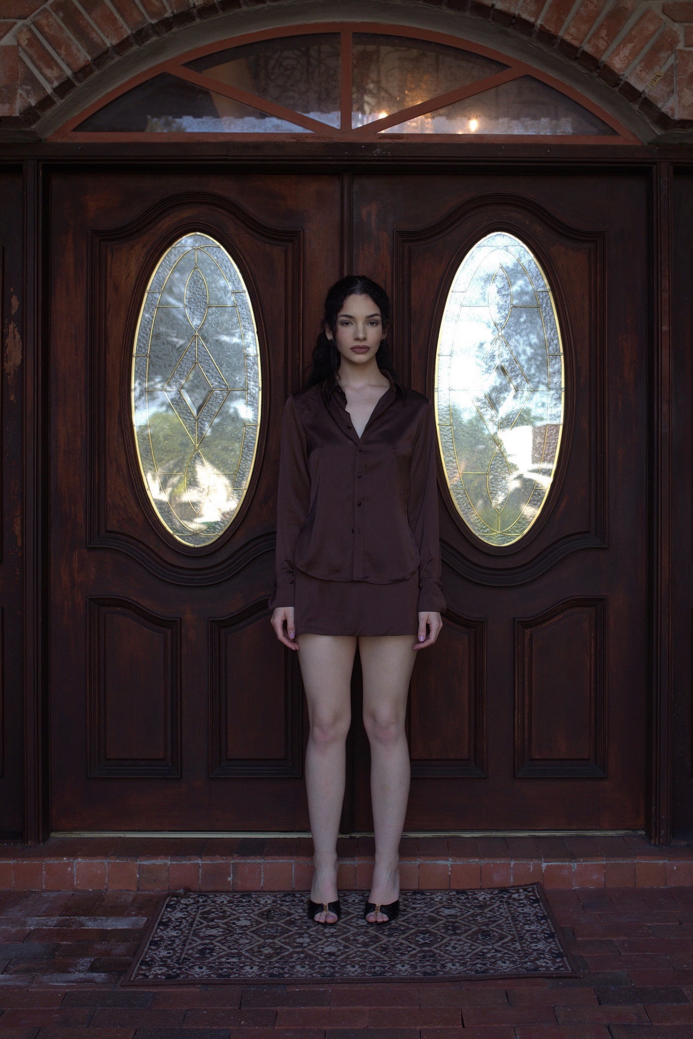 Carla Button Down Top | Chocolate Satin