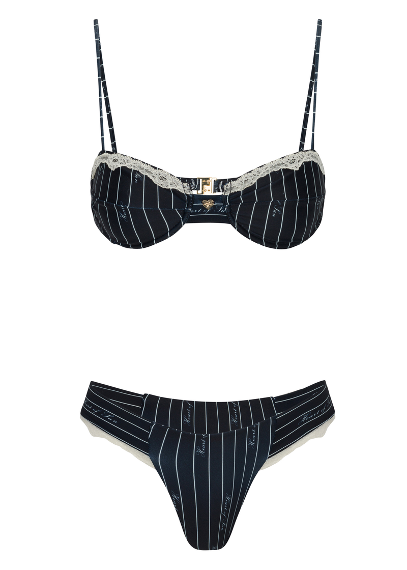 Pinstripe bikini featuring underwire bikini top. 