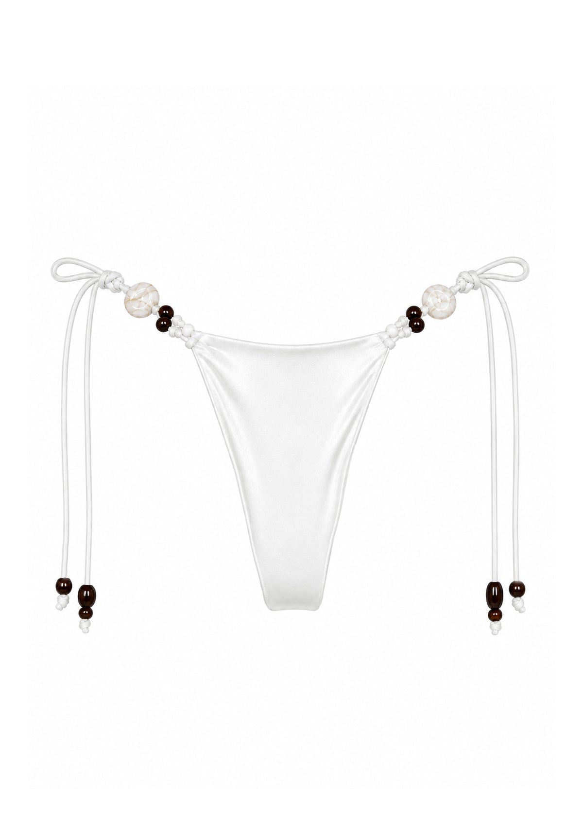 White string bikini bottom with decorative pearl-like beads and dark brown beads at the side ties, shown on a plain white background.