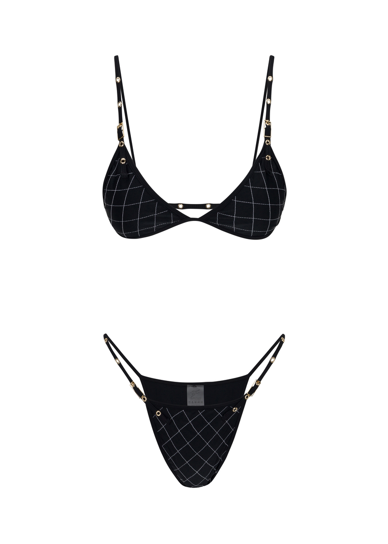 Naomi bikini bottom in black featuring cheeky coverage, custom buckles, and feminine quilted stitching, designed with an adjustable fit.