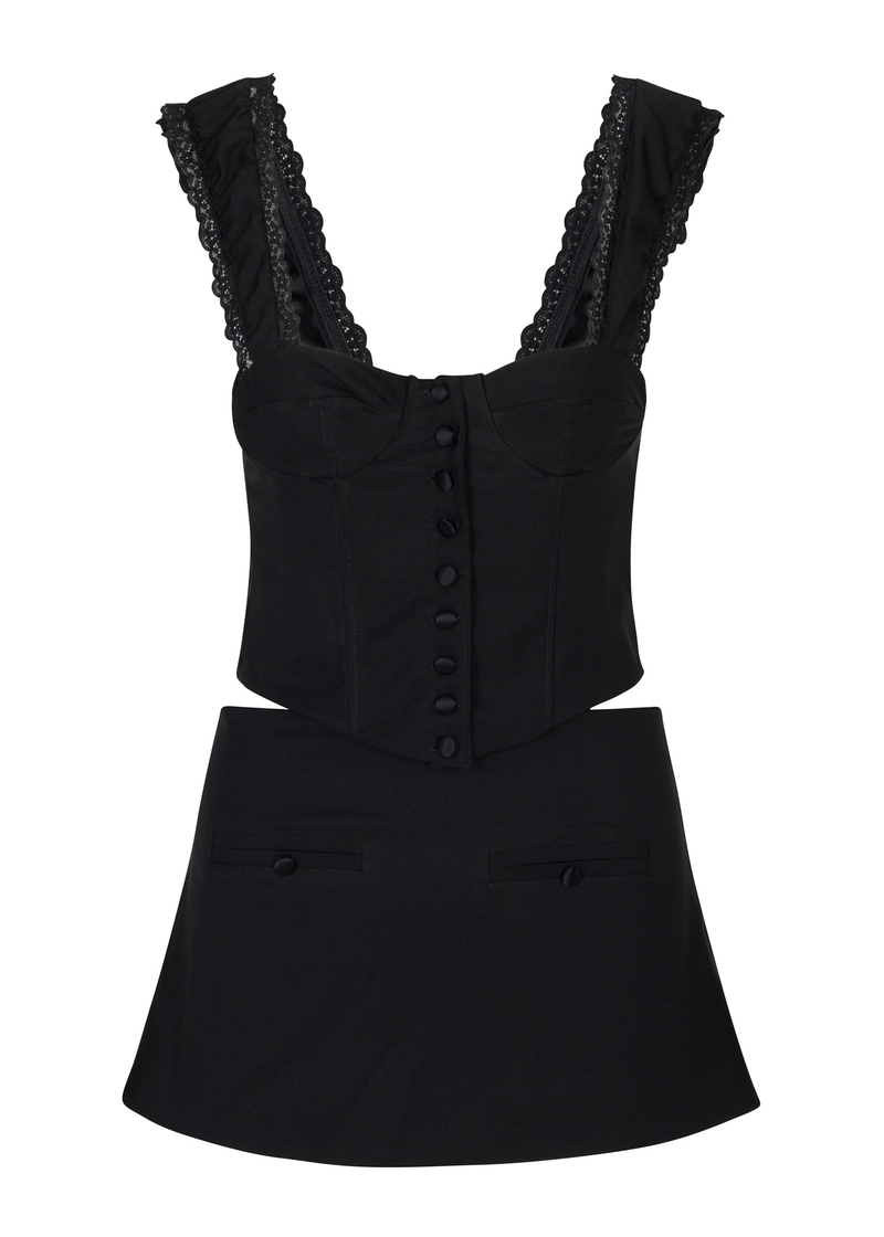 A black two-piece outfit featuring a lace-up corset top with lace trim and button details, paired with a mini skirt. 