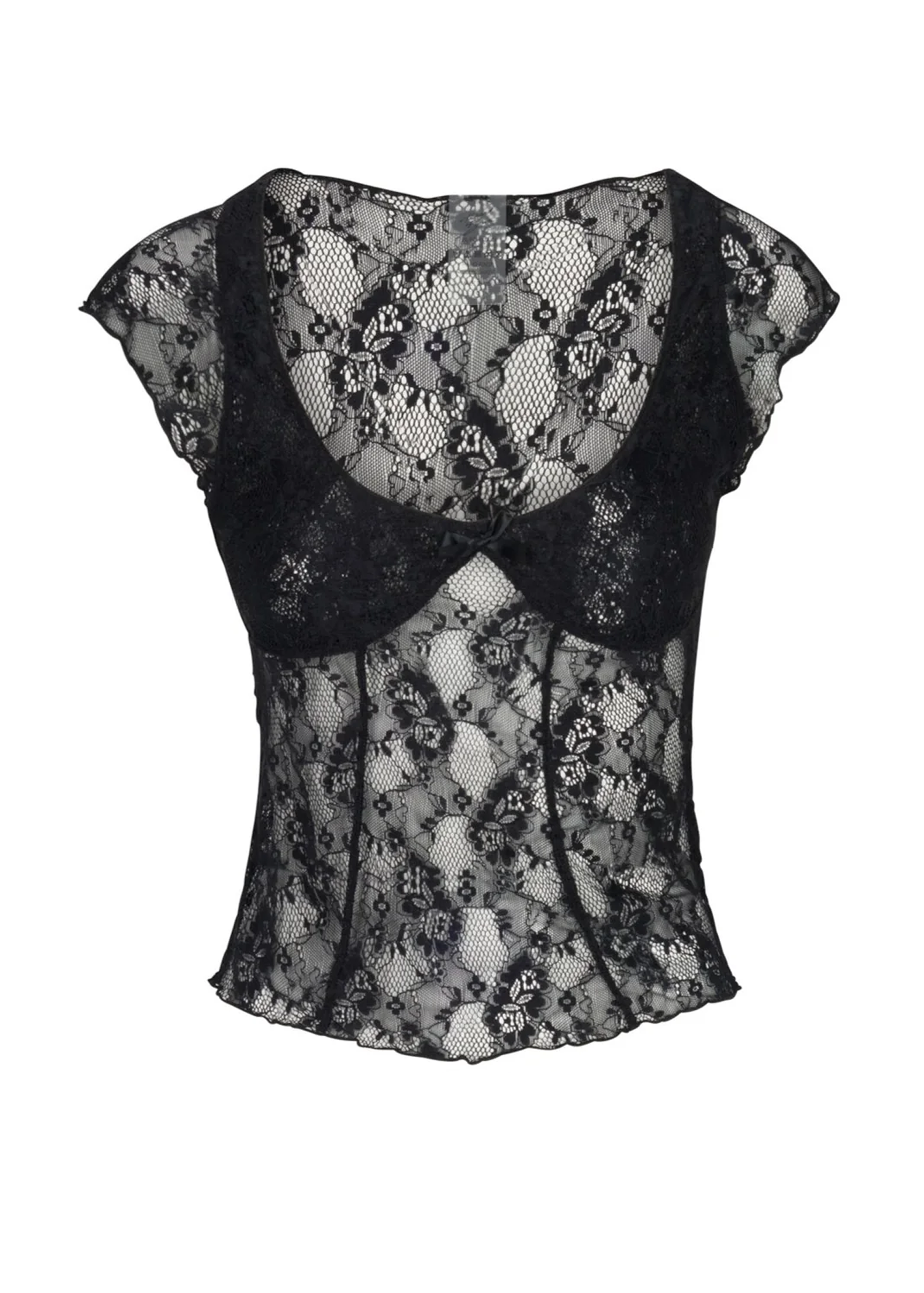 Chérie Top in Black, a lace baby doll top with double-lined cups, perfect stitching, and a bow detail