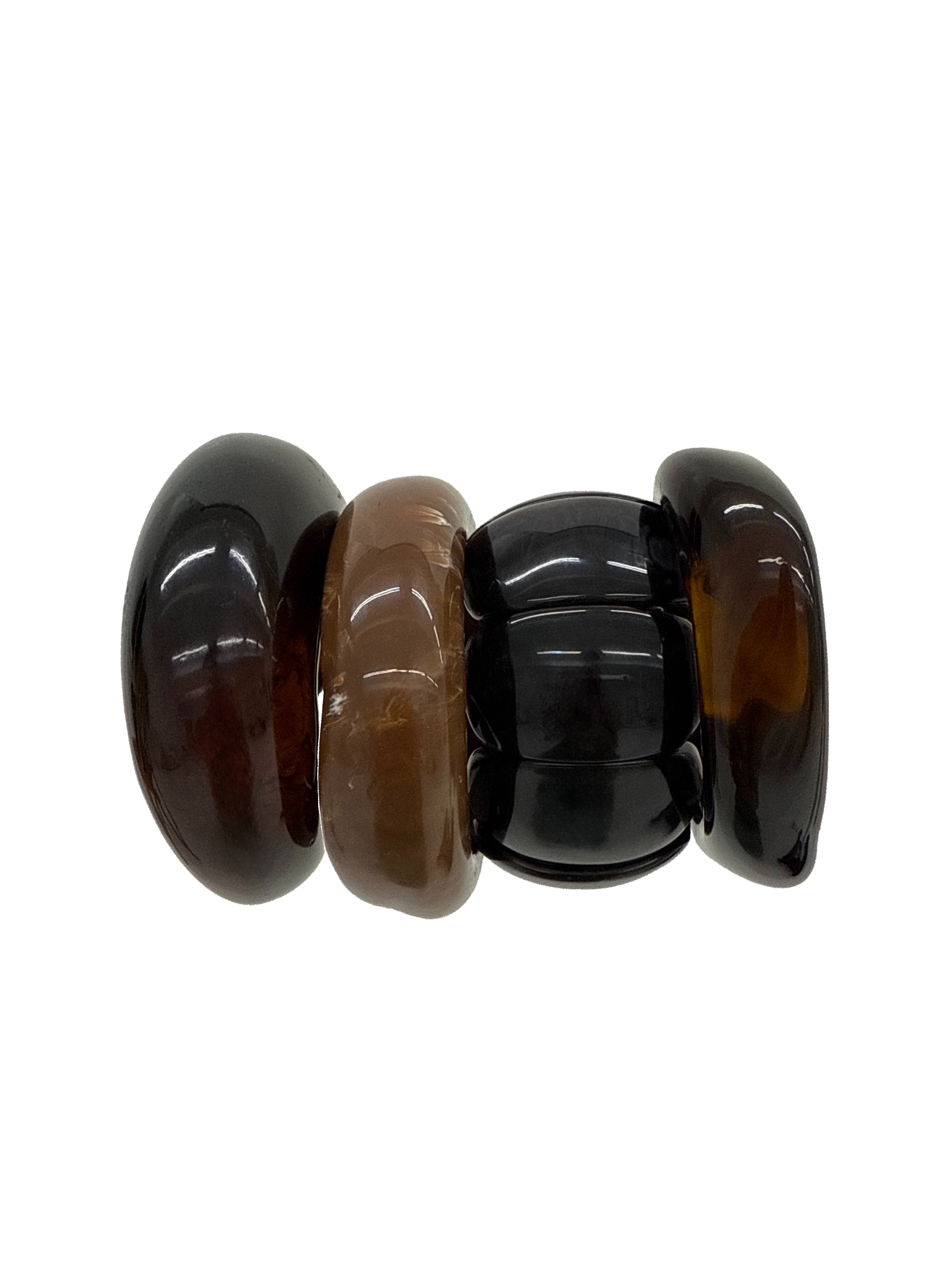 A set of four chunky, high-gloss acrylic bangles in varying tones of black and brown arranged side-by-side. The bangles have a smooth, rounded shape with a reflective finish.