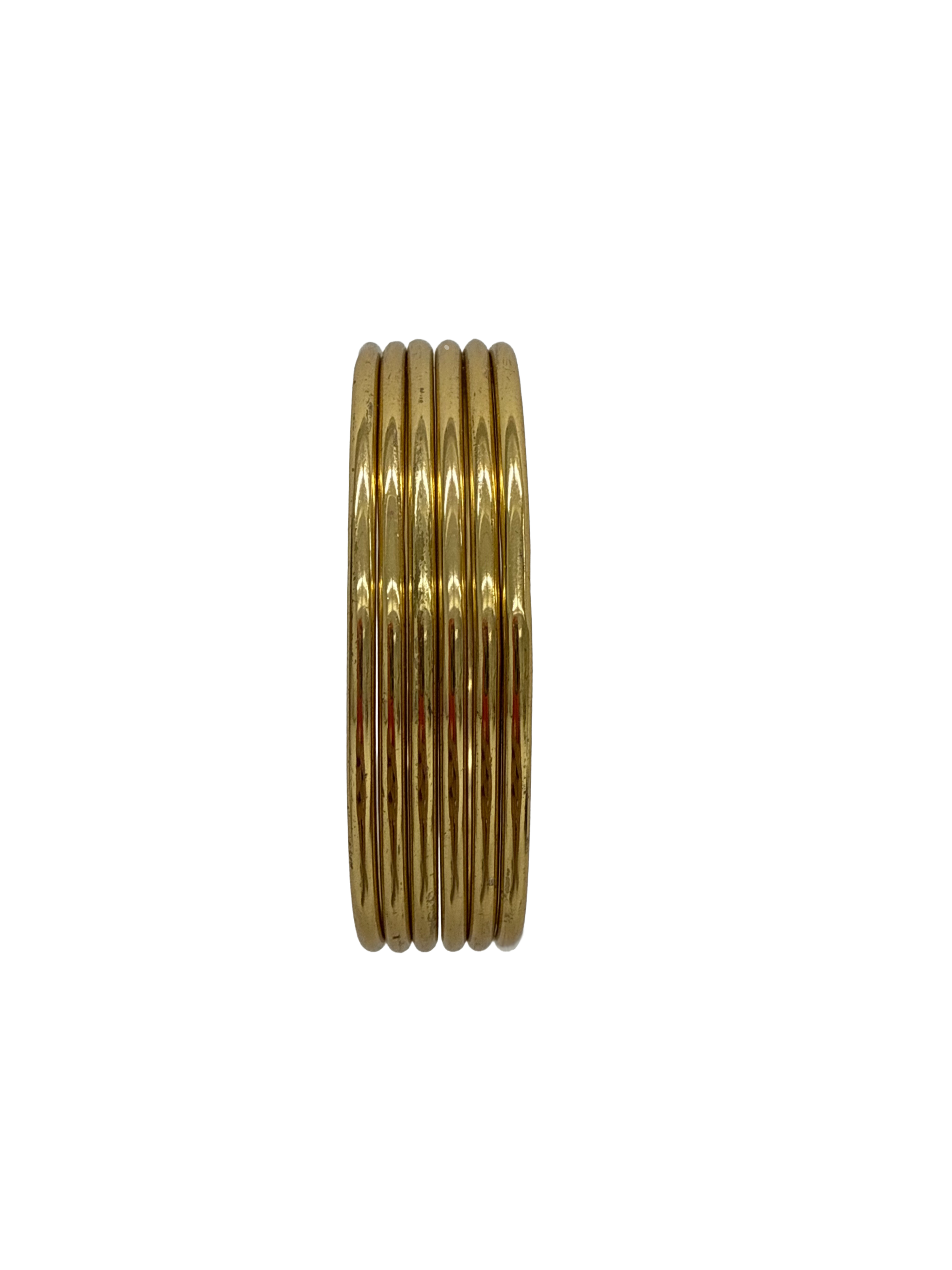 Front-facing view of the gold bangle stack, highlighting the symmetrical alignment of the slim bangles and the smooth, shiny finish.