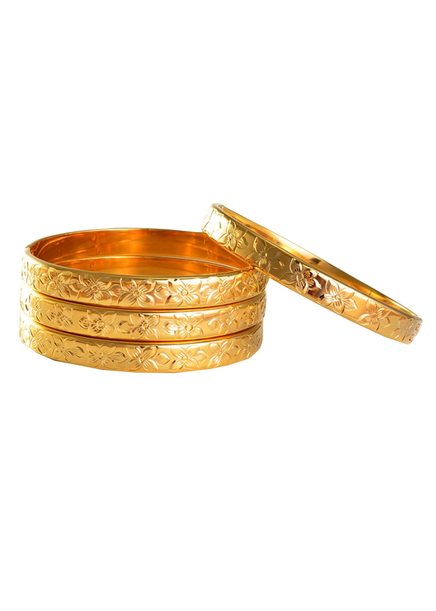 18k gold bangle set with a snap closure and detailed engravings.